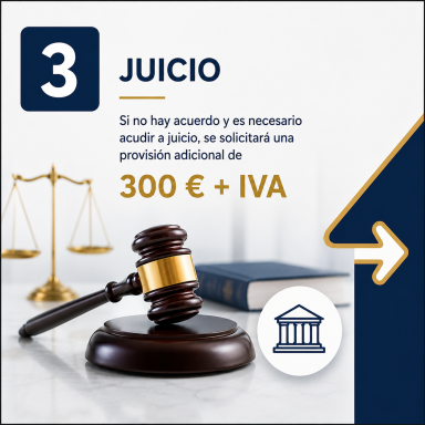 Texto sobre un juicio con un mazo de juez y balanza, indicando un costo de 300 € + IVA.